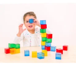 36 cubes 4 cm en plastique translucide. Jeu construction coloré