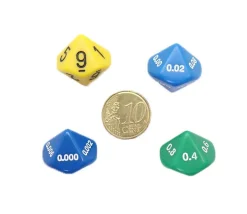 4 dés décimaux 10 faces : unité, dixième, centième, millième