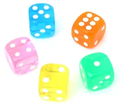 5 Dés de jeux Yams translucides multicolores 16 mm