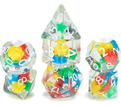 7 dés multifaces avec mini meeples à l'intérieur