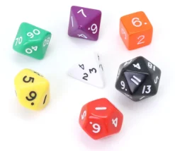 7 dés multi-faces opaques multicolores