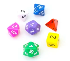 7 dés multi-faces opaques multicolores