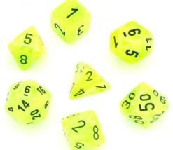 7 dés multifaces Vortex VERT/JAUNE brillant