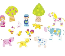 14 figurines bois : personnages et animaux de la ferme colorés