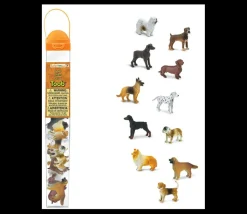 11 figurines chiens dans un tube de rangement