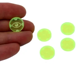 5 jetons ronds œil jaune fluo pour jeux