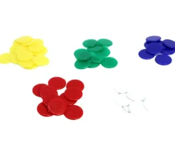 45 mini jetons ronds 1.7 cm en plastique - 5 couleurs