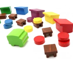 72 pièces en bois le petit marché : camions, étals, bâtiments et jetons