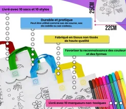 10 Sacs à colorier + 10 feutres