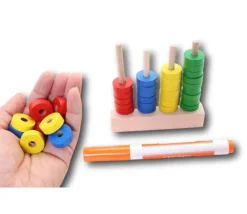 Abaque de tri bois - Socle 4 tiges + 40 jetons rouge vert jaune bleu