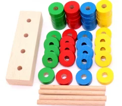 Abaque de tri bois - Socle 4 tiges + 40 jetons rouge vert jaune bleu