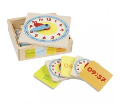 Apprentissage de l'heure en bois - Horloge + 12 cartes jeu