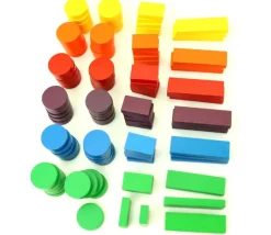 Boite 108 Jetons jeux bois multicolores : rond, petits rectangles et grands rectangles pour mise