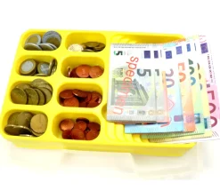 Caissette avec 290 pièces et billets euros factices de jeux