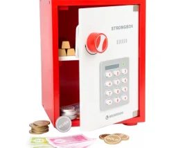 Coffre fort en bois avec argent factice - 68 pièces.