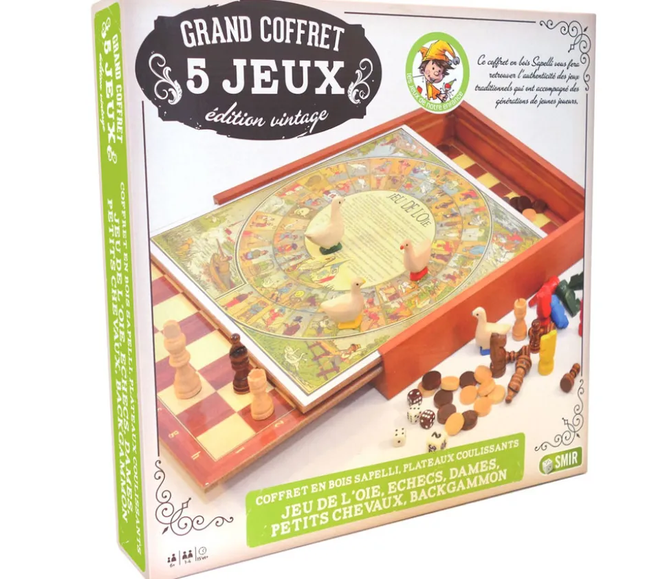 Coffret bois 5 jeux vintage traditionnels