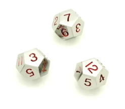 Dé 12 faces en métal argenté 1 à 12 chiffres rouges 20 mm