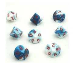 Dé 10 faces glacé nacré bleu-blanc points rouge
