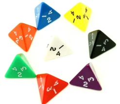 Dé 4 faces pyramide 1 à 4 opaque à l'unité (couleur mise au hasard)