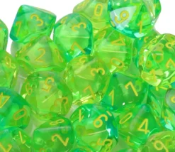 Dé 10 faces translucide vert chiffres jaunes