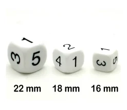 Dé à jouer chiffres 123456 en 22 mm de côté BLANC