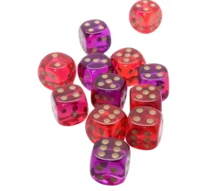 Dé à jouer translucide rouge-violet points dorés 16 mm