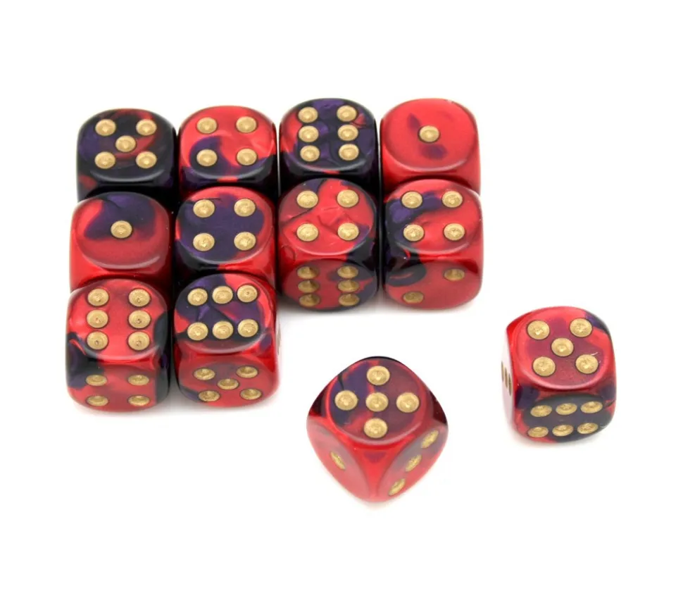 Dé 16 mm effet mixé rouge violet points dorés