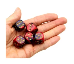 Dé 16 mm effet mixé rouge violet points dorés