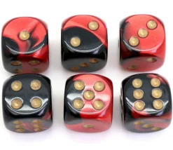 Dé 16 mm effet métallisé noir rouge points dorés