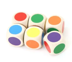 Dé bois 6 points couleurs 20 mm rouge, vert, jaune, bleu, violet, orange