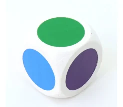 Dé bois 6 points couleurs 20 mm rouge, vert, jaune, bleu, violet, orange