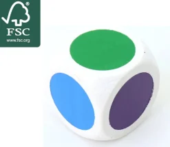 Dé bois 6 points couleurs 20 mm rouge, vert, jaune, bleu, violet, orange