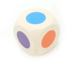 Dé bois 6 points couleurs 18 mm rouge, vert, jaune, bleu, violet et orange