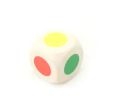 Dé bois 6 points couleurs 18 mm rouge, vert, jaune, bleu, violet et orange