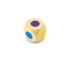 Dé bois 6 points couleurs 16 mm rouge, vert, jaune, bleu, violet et orange