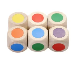 Dé bois 6 points couleurs 16 mm rouge, vert, jaune, bleu, violet et orange