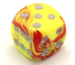 Dé design jaune rouge peps effet artistique 15 mm points argentés