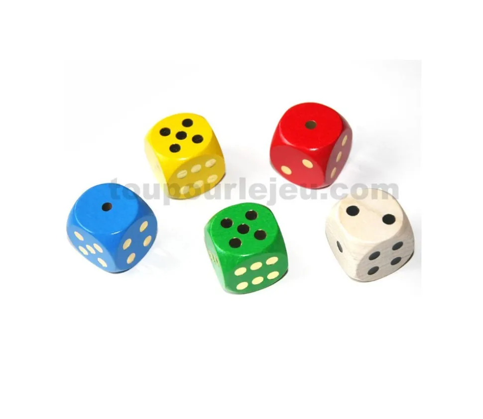 Dé en bois coloré de 30 mm de 1 à 6