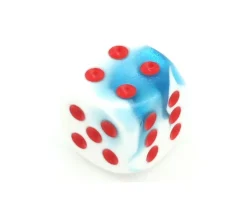 Dé mélange glacé nacré bleu-blanc 16 mm points rouge