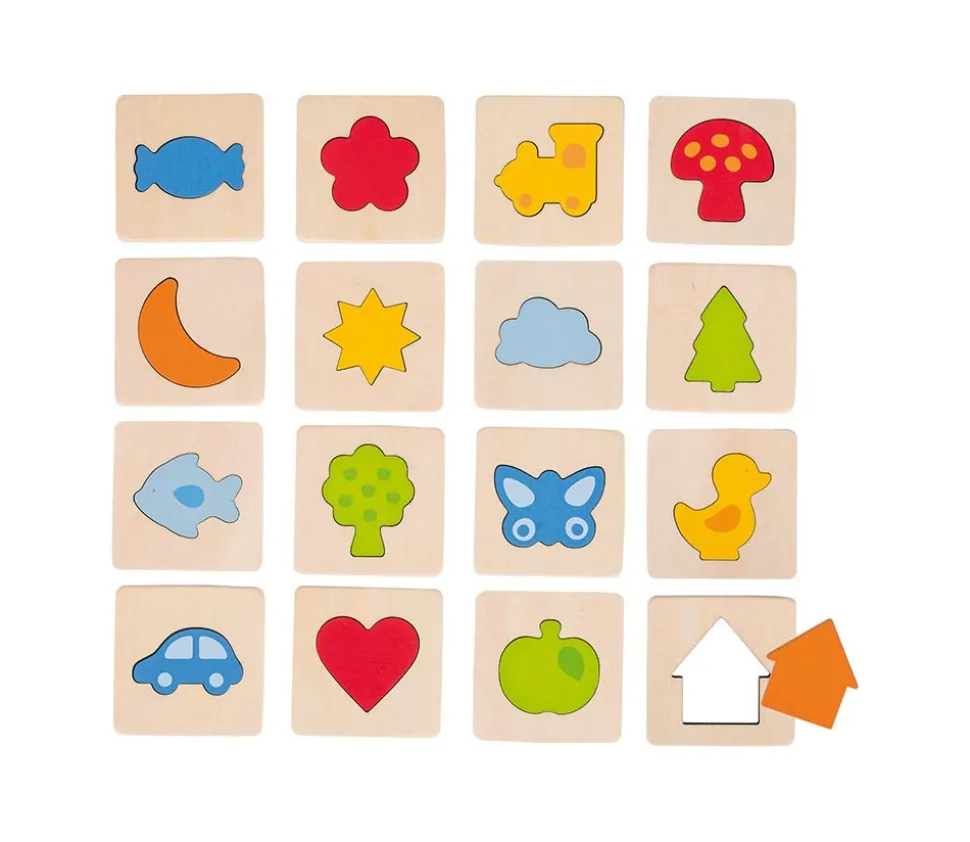 Jeu silhouette en bois formes et objets mémo tactile 32 pièces