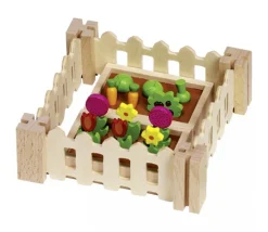 Petit jardin en bois miniature avec légumes, fleurs et accessoires
