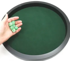 Piste de dés luxe verte et noire 40 cm tour imitation cuir avec 5 dés