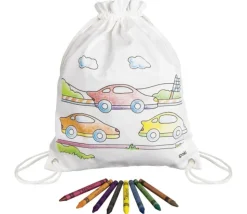 Sac à dos en coton dessin voitures à colorier 27,5 x 33,7 cm + crayons textiles