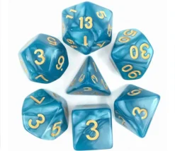Set 7 dés multi-faces bleus nacrés chiffres or