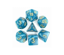 Set 7 dés multi-faces bleus nacrés chiffres or