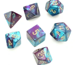 Set 7 dés multifaces effet mixé TURQUOISE/VIOLET chiffres en doré