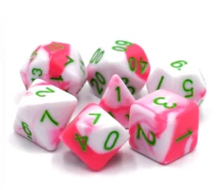 Set 7 dés multi-faces fusion roses et blancs nacrés