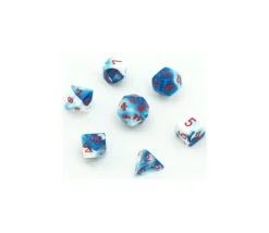 Set 7 dés multi-faces glacé nacré bleu-blanc points rouge
