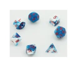 Set 7 dés multi-faces glacé nacré bleu-blanc points rouge