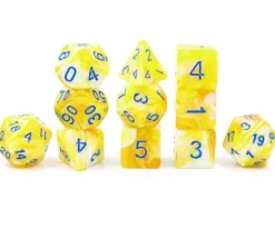 Set 11 dés multi-faces jaune et blanc crème gravage bleu